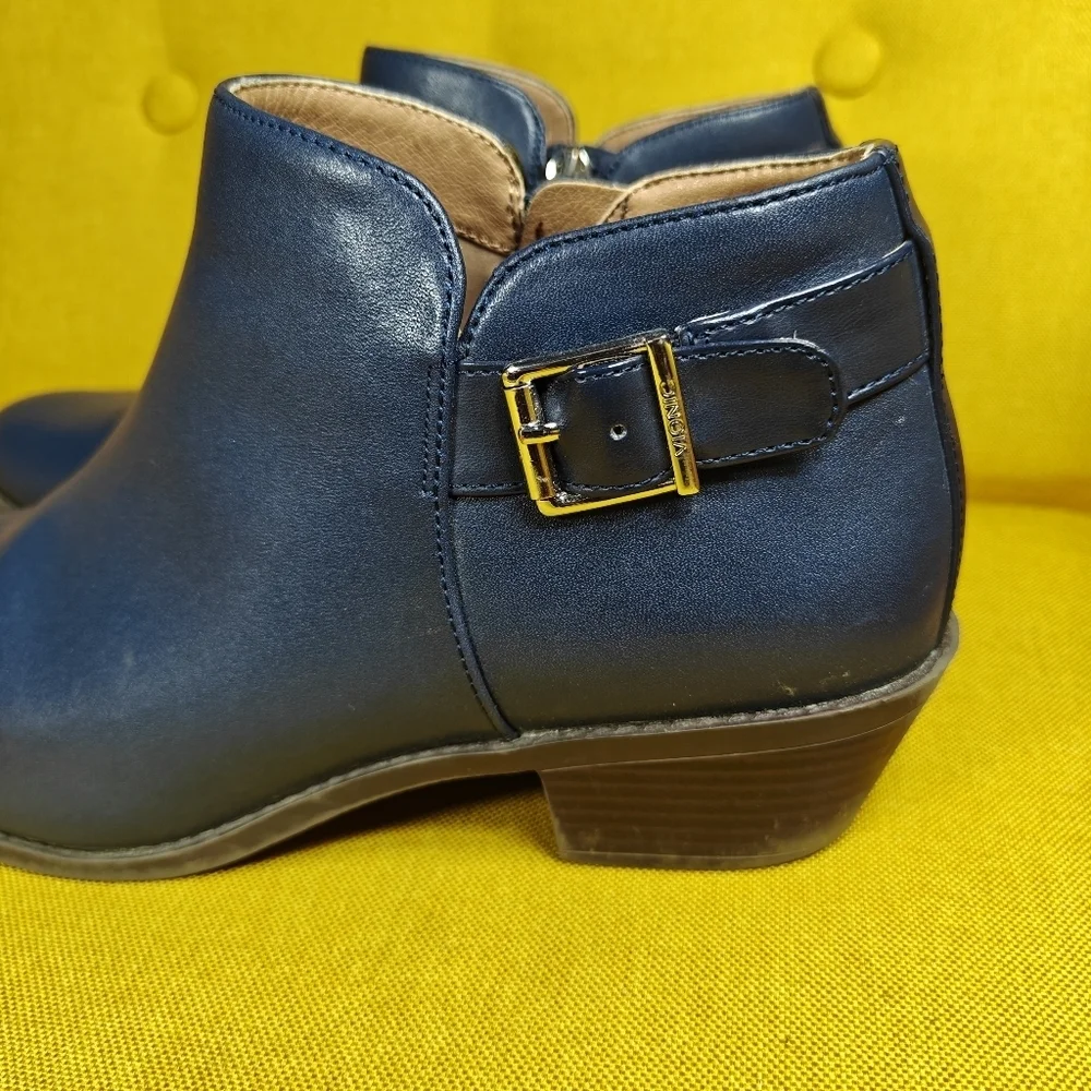 VIONIC Millie Zipper Navy Leather Ankle Comfort Boot Buckle Women's Shoe Sz 9.5